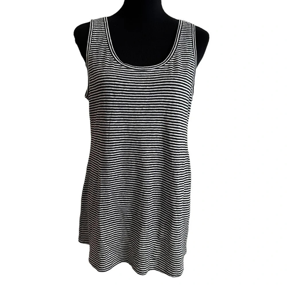 Eileen Fisher Womens Medium 100% Organic Linen Striped Tank Top Minimalist Black